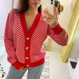 Cardigan colorato da donna, a righe, a maniche lunghe, per donna, morbido, lavorato a maglia grossa, con stampa a V, maglione natalizio, Blu, S