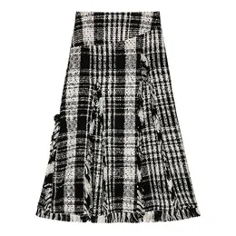 Być może u Kobiety Czarny Plaid Tweed A-Line Tassel Empire Midi Spódnica Vintage Elegant S0293 210529