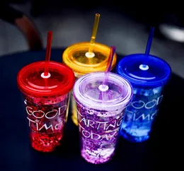 50pcs/lot 450ml Creative Colorful Double Layer Plastic Cup Tumblers With Lid Summer Gold Powder Juice Cups Water Cup-With Straw 15.5*6.5cm SN2746