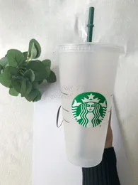 Syrenka Bogini Starbucks 24oz / 710ml Plastikowe kubki Kubek wielokrotnego użytku Clear Picie Płaski Dolny Pilar Kształt Słomy Kubki 100 sztuk 1
