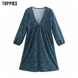 Toppies Primavera - Outono Vestido Senhoras Floral Pequeno Com V-Neck Plus Size Marinho Azul Retro Literário 210412