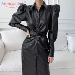 Aelegantmis Korea Faux Leather Long Dress Women Belt Puff Sleeve Split Vintage PU Mid Calf Dresses Slim Streetwear Vestidos Chic 210607