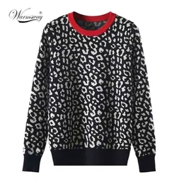 Höst Vinter Kvinnor Tröjor Leopard Stickade Pullovers Långärmad Kontrast Färg CrewNeck Jumpers Sweter Mujer C- 026 210914