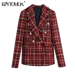 Kobiety Moda Double Breasted Tweed Check Blazer Płaszcz Vintage Z Długim Rękawem Frayed Wykończenia Kobiet Odzież Odzszenice Chic Topy 210416