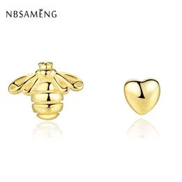 Stud Nbsameng 100% 925 Sterling Silver Earring Golden Heart and Bee Earrings for Women Wedding Present Diy Jewelry Prevent Allergy