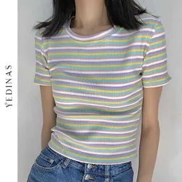 Yedinas Striped Ruffle Short Sleeve T Shirt Kvinnor Sommar Casual Rib Knit Slim Bodycon Toppar Tees Stickade T-shirts Dam Top 210527