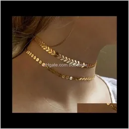 Chokers Necklaces & Pendants Jewelry Drop Delivery 2021 Two Layers Sexy Fish Bone V Disc Arrow Coin Chain Choker Gold Sier Color Plated For W