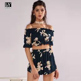 Ly Varey Lin Summer Women Suit Set Floral Print Ruffle Leaf Female Short Tops And High Waist Shorts 2 Piece Women's Two Pants