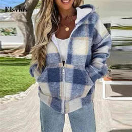 Zima Ciepłe Długie Rękaw Płaszcze Znosić Jesień Luźny Plaid Pluszowe Wełniane Kurtki Kurtki Przypadkowe Kieszonkowe Zip-Up Women Bluza 210922