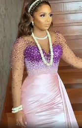 2021 بالإضافة إلى الحجم العربي Aso ebi Pink Mermaid Mermaid Dresses Learls Long Sleeves Arecer Evening Party Second Second Recep212m