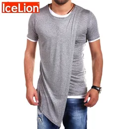 Icelion 여름 가짜 두 T 셔츠 남성 불규칙한 밑단 짧은 소매 티셔츠 패션 솔리드 슬림 힙합 streetwear 남자의 티셔츠 210409