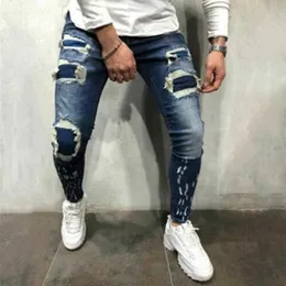 Blå stretch denim patch hål rippade skinny jeans män slim passform mode streetwear frayed hip hop distressed jeans byxor x0621