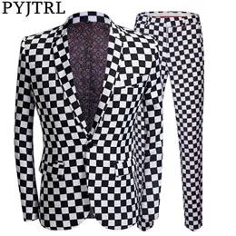 PYJTRL Fashion Suit Uomo Nero Bianco Plaid Stampa 2 Pezzi Set Ultimi Disegni Cappotto Mutanda Wedding Stage Cantante Costume Slim Fit X0909