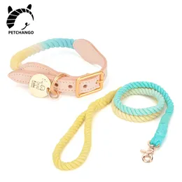 Rope Genuine Cotton & Leather Leash Set Basic Collars Puppy Small Large s Pet Dog Accessories