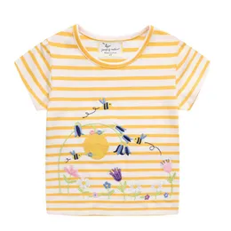 Hoppmätare Ankomst T Shirts för sommarflickor Bomull EES Ops Floral Broderi Söt Stripe Kids Kläder 210529