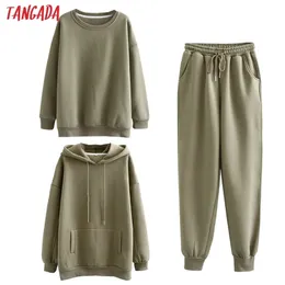 Tangada Kvinnor Par Sweatshirt Fleece 100% Bomull AmyGreen Oversized Hood Hoodies Sweatshirts Plus Size SD60 211105