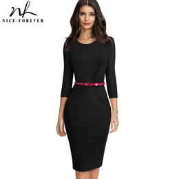 Nice-Forever Elegant Kort Solid Färg Kontor Vestidos Business Work Party Women Bodycon Höstklänning B552 210419