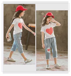 Dziewczyna Zestawy Odzież Letnie Lloving Heart T-shirt + Dżinsowe Spodnie Jeans Leisure 2 sztuk Zestaw Outfit Dzieci Ubrania E20532 210610