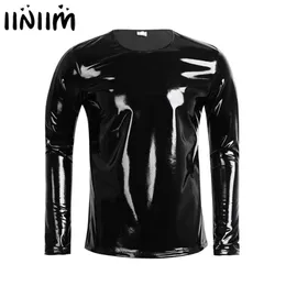 iiniim Black Mens Patent Leather Latex Long Sleeve Zipper T-shirt Nightclub Metallic Shiny Hip Hop Pullover T-Shirt Costume Top 210329