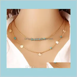 Pendants Chokers Necklaces Jewelry Bohemia Women Blue Beads Gold Plated Alloy Sequins 2Layer Clavicle Chain Necklace Drop Delivery 202