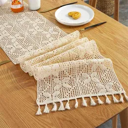 Pastoral Style Crochet Knit Hollow Table Cloth Lace Stitching Widening Tassel Runner Boho Decoration Home Decor 210628