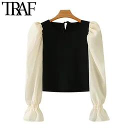 TRAF Kadınlar Moda Patchwork Kırpılmış Örme Bluzlar Vintage Puf Kollu Yay Bağlı Kadın Gömlek Chic Tops 210415