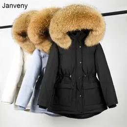 JejVeny Big Natural Raccoon Fur Hooded 90% Duck Down Jacka Midja Retractable Kvinna Parkas Vinter Kvinnor Tjock varm överrock 211018