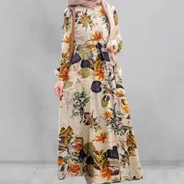 Muslim klänning kvinnors retro blommig tryckt maxi klänning kvinnlig sundress abaya dubai hijab kaftan vestidos robe sommarklänning 210712