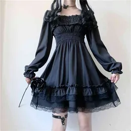 Japonês Lolita Estilo Mulheres Princesa Preta Mini Dress Slash Pescoço Cintura Alta Cintura Gótica Suff Manga Lace Ruffles Party ES 210520