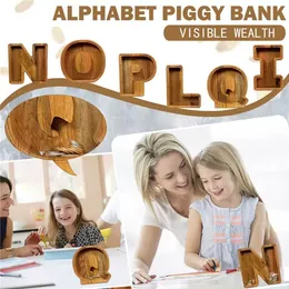 Alfabet Brev Piggy Bank Hem Accenter Dekorativa Objekt Party Favorit Trä Genomskinligt Fönster Pengar Box Mynt Förvaring Boxar Julklapp till barn