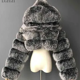 Luzuzi Kış Kürklü Kırpılmış Faux Kürk Mont Kadınlar Kabuklu Üst Kat Kapüşonlu Sıcak Kürk Ceket Bayanlar Manteau Femme 210902