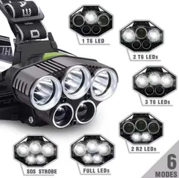 5 * XM-L T6 LED-strålkastare 15000 Lumens USB Uppladdningsbar strålkastare för camping Fotvandring Fiske Utomhus nödljus med 2 * 18650