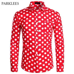 Red Mens Polka Dot Shirt Casual Button Up Dress Shirts Men Chemise Homme Party Club Male Shirts Garden Point Camisas Masculina 210708