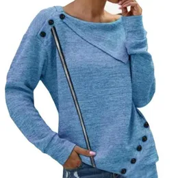 Kvinnors Tröjor Kvinnor Lös dragkedja Sweatshirt Mode Casual Style 2021 Solid Färg Långärmad Knappad Striped Lapel Sticka Till