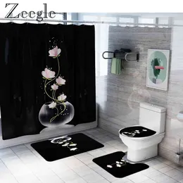 Цветочные коврики ванной ванной комнаты ковровые ковры фланелевые душевые занавески набор домашнего декора туалет коврик U-образный туалет и противоскользящий коврик для ног 210401