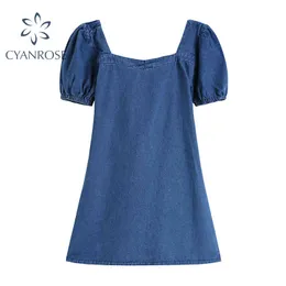 Mavi Kırpma Denim Elbise Kadın Yaz Kısa Kollu Ince Zarif Kore Backless Bandaj Mini Dressesr Rok Chic Retro Vestidos 210417