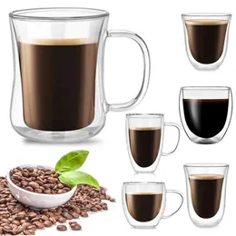 Kaffe med handtaget Muggar Drickisolering Dubbelmur Glas Tea Cup Creative Heat Beständig Dryckesmjölk