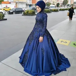 Royal Blue Muslim Long Sleeves Lace Ball Gown Prom Dresses with Sequined Appliques Sweep Train Lace-up Formal Evening Gowns