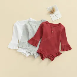 Spring Autumn Baby Girl Romper Fashion Solid Color Ruffle Long Sleeves Lace Ribbed Rompers with Bowknot