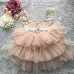 Retail Gorgeous Sashes Girl Dress Suknia Dziecka Koronki Sling Księżniczka Tutu Kids Formalny Kostium 210529
