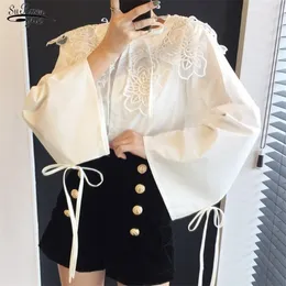 Casual Loose Toppar Lapel Plus Storlek Mode Butterfly Sleeve Bow Shirt Asymmetrisk Hem Skjortor Kvinnor Applikationer Vit Blus 13107 210521