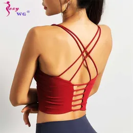 Sexywg Kadınlar Spor Top Running Yelek Seksi Strappy Sport Sütyen Şok geçirmez Yoga Sütyen BH Spor Giyim Fitness Gömlek Mahsul Forması 211217