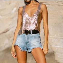 FABPOP Sexy V Neck Slim Metal Sequins Tops Camisole Shiny Solid Sleeveless Spaghetti Strap Fashion Celebrity Nightclub GB642 210709