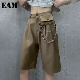 [EAM]高弾性ウエストカーキ金属チェーンニーレングスズボンルーズフィットパンツ女性ファッションスプリング夏1DD7938 21512