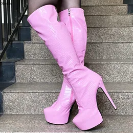 Rontic Handmade Women Winter Knee Boots Sexiga stilett klackar runt tå fantastiska rosa vita guldklänningsskor plus oss storlek 5-20