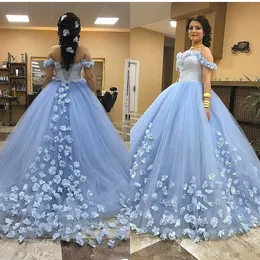 Mavi Quinceanera Elbiseler El Yapımı Çiçek Çiçek Kapalı Omuz Balo Balo Tatlı 16 Elbise Nişan Vestidos