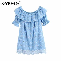 Kvinnor chic mode cutwork broderi ruffled mini klänning vintage av axeln med foder kvinnliga klänningar mujer 210416