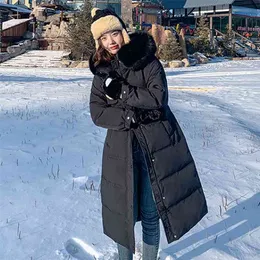 겨울 진짜 자연 모피 후드 긴 재킷 여성 화이트 오리 코트 캐주얼 벨트 파커 windproof 따뜻한 눈 outwear 210430