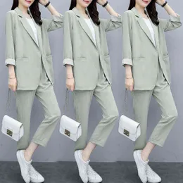 Vintage Kobiety Pant Suit Damskie Casual Moda Light Green Notched Blazer Jacket Pant Office Wear Women Suitts Samiców 211118