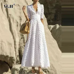 VGH Elegant White Maxi Dress For Women V Neck Half Sleeve High Waist Hollow Out Slim Dresses Women Autumn New Style Fashion 210331